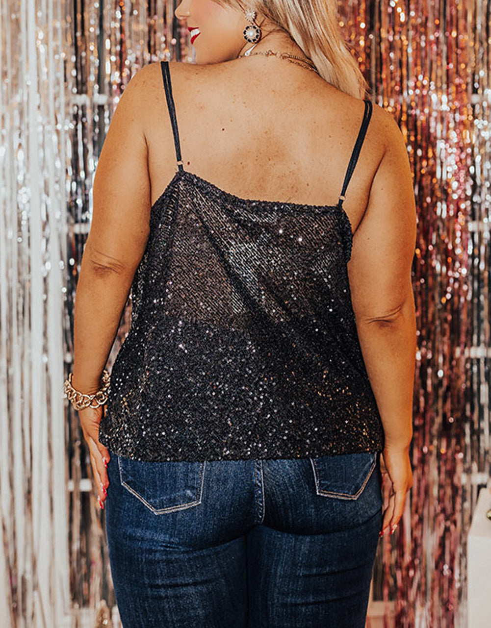 Black Plus Size Drape Neck Sequin Tank Top