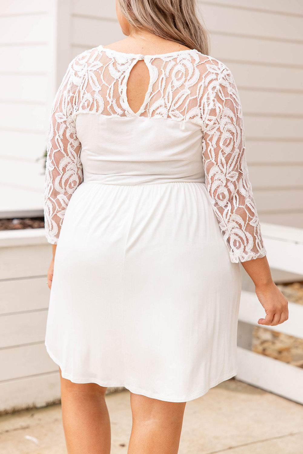 White Plus Size Lace Mesh Splice Babydoll Dress