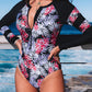 Leaves Print Zip-up Long Sleeve Surf Rash Guard Swimwear