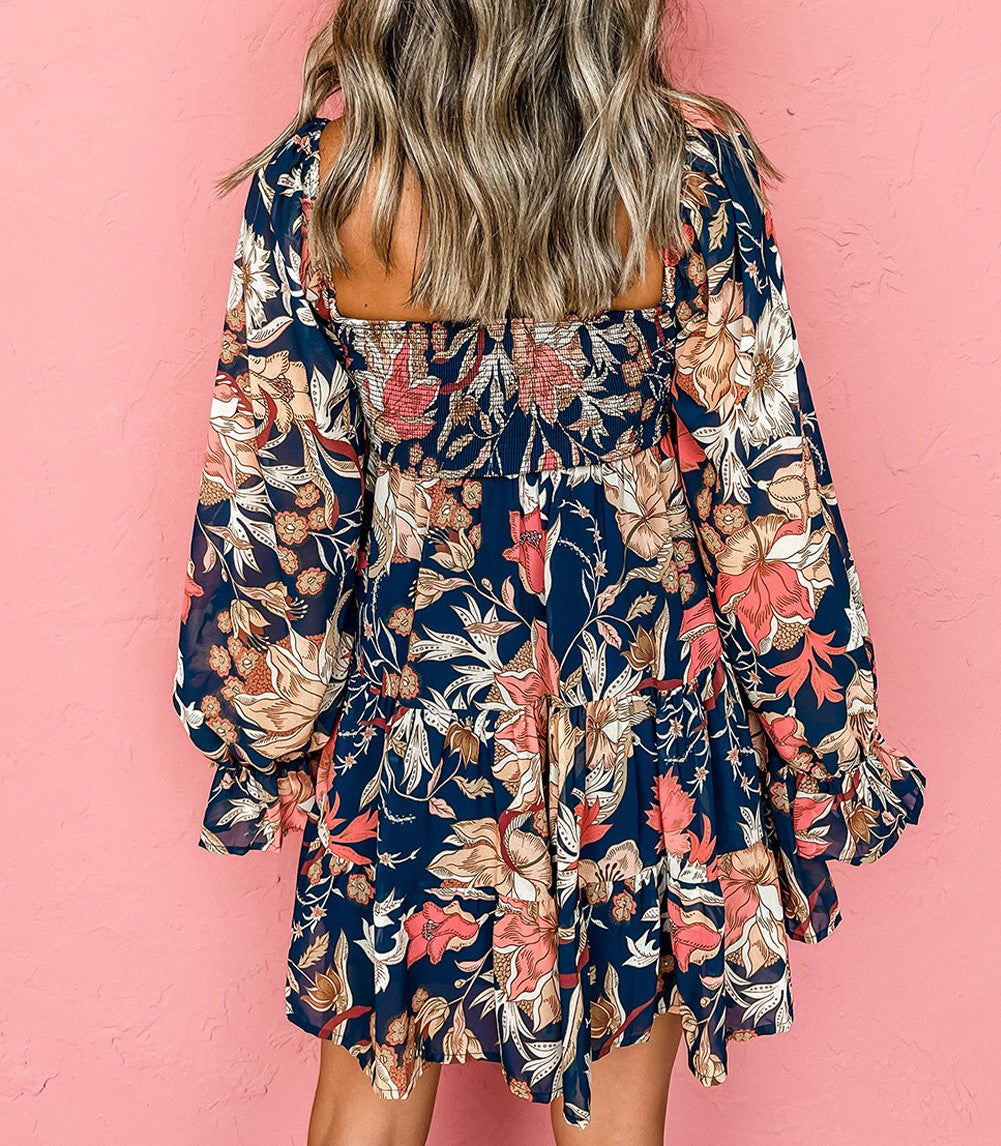 Floral Tiered Long Puff Sleeve Mini Dress