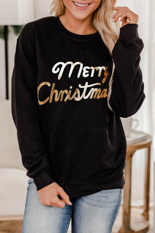 Black Merry Christmas Glitter Graphic Print Pullover Sweatshirt