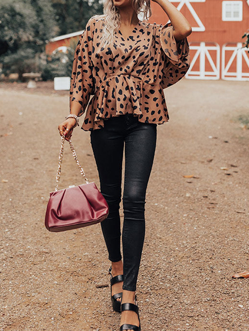 V Neck Leopard Print Peplum Blouse