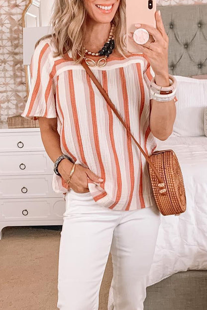 Orange Striped Buttoned Back Square Neck Blouse