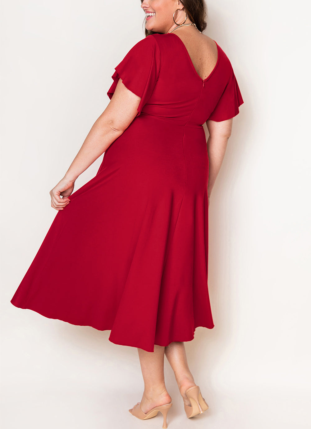 Red Plus Size Short Flutter Sleeve Midi Dress