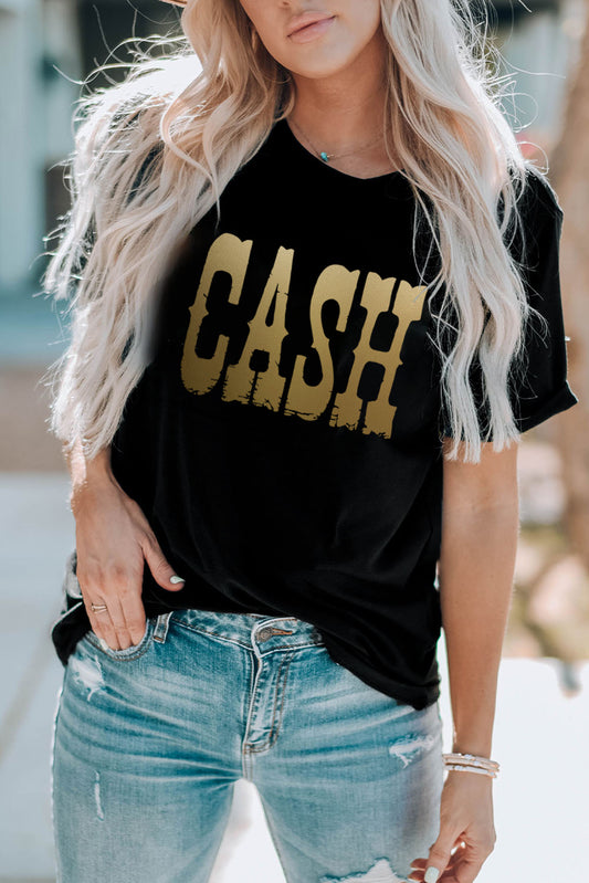 CASH Letter Print Crew Neck Graphic T Shirt