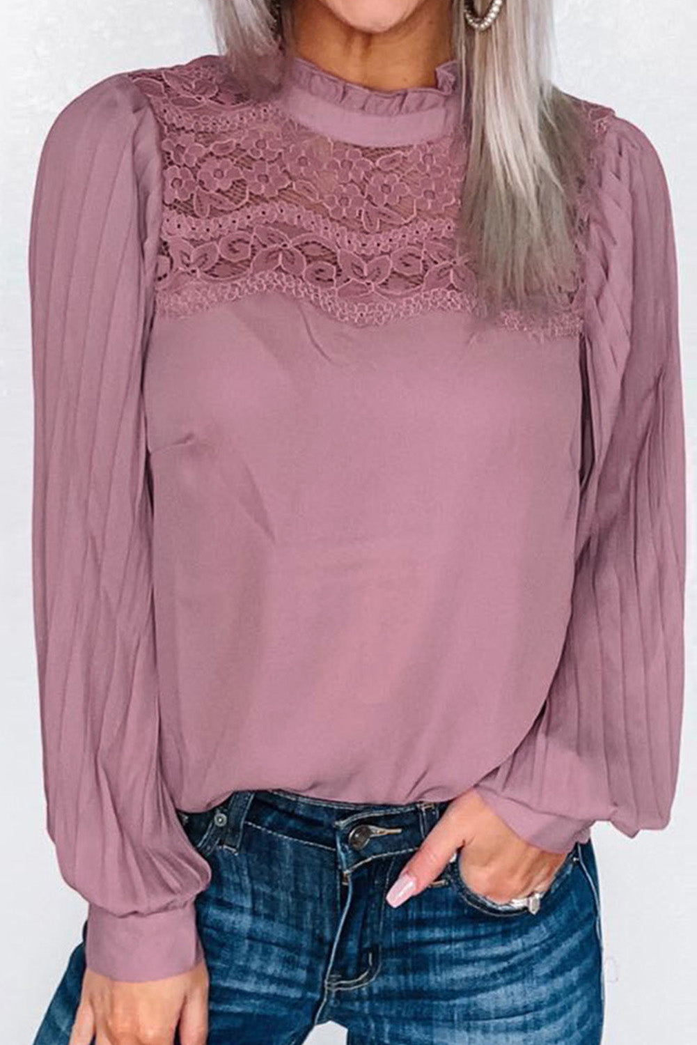 Ruffled Crewneck Lantern Sleeve Splicing Lace Blouse