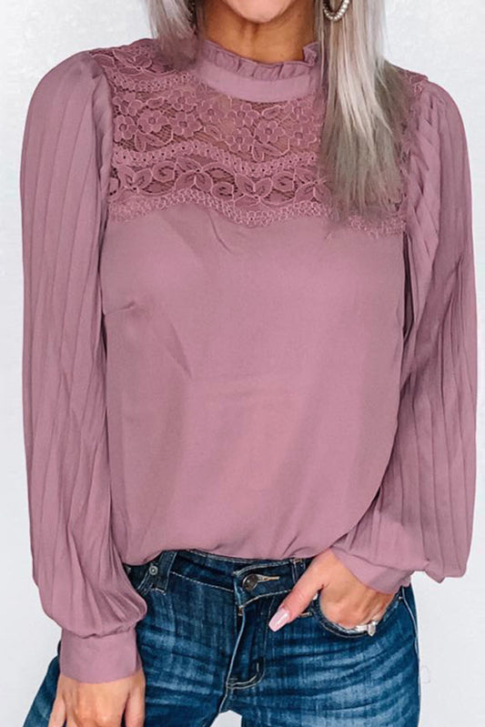 Ruffled Crewneck Lantern Sleeve Splicing Lace Blouse