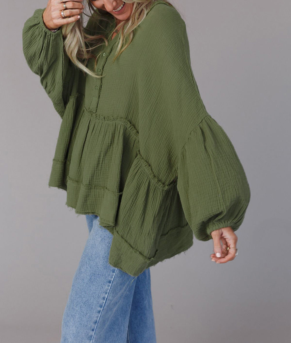 Henley Button Drop Shoulder Loose Sleeve Raw Edge Top