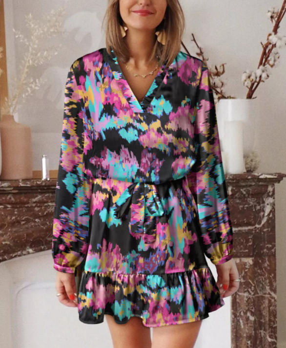 Abstract Print Ruffled Drawstring High Waist Mini Dress