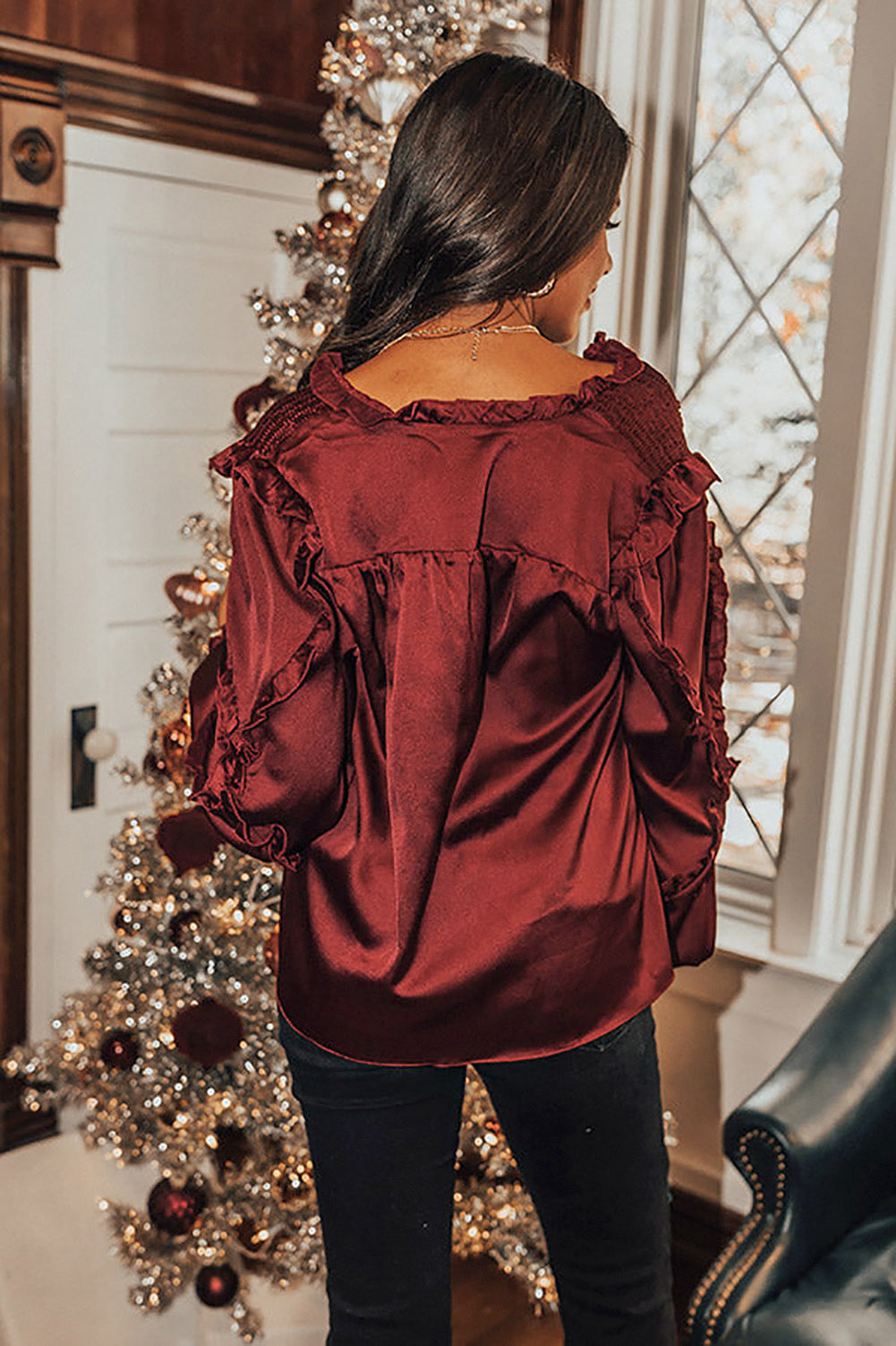 Red Split Neck Ruffled Satin Shirt