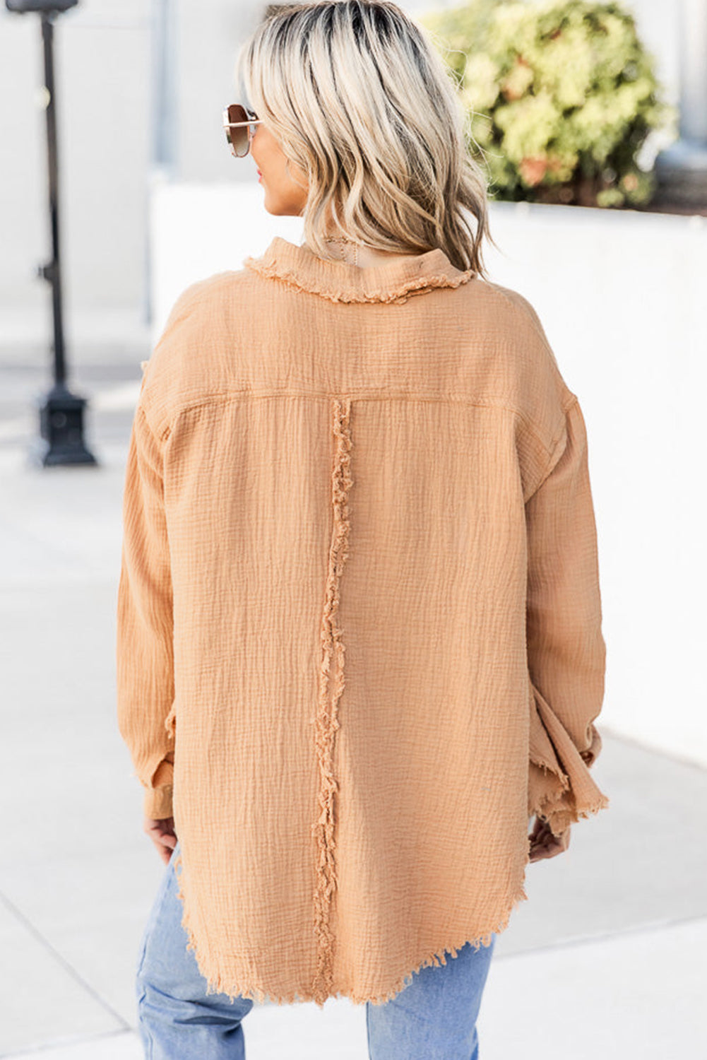 Apricot Textured Raw Edge Trim Buttons Shirt
