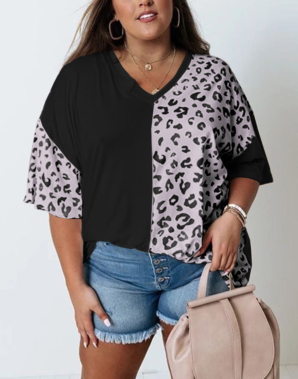 Black Plus Size Leopard Patchwork Short Sleeve Top