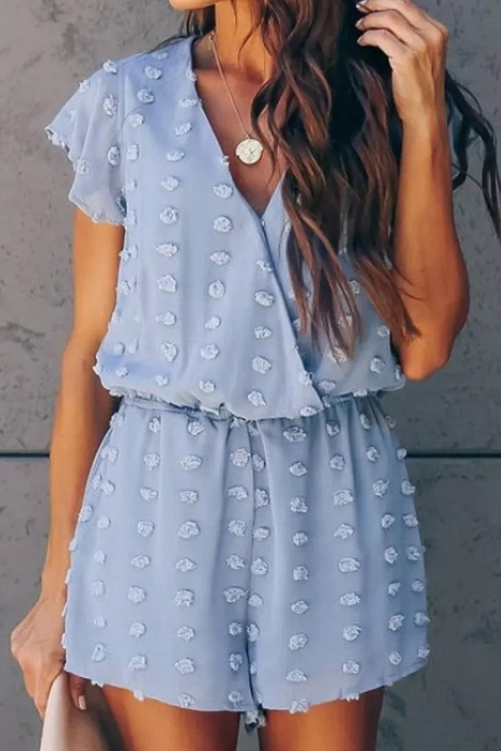 Deep V Neck Dot Texture Short Sleeves Romper