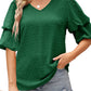 Green Swiss Dot Double Puff Sleeve Blouse
