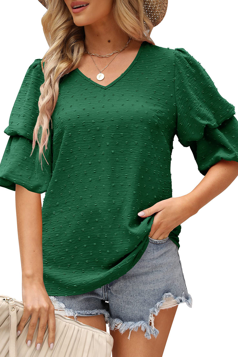 Green Swiss Dot Double Puff Sleeve Blouse
