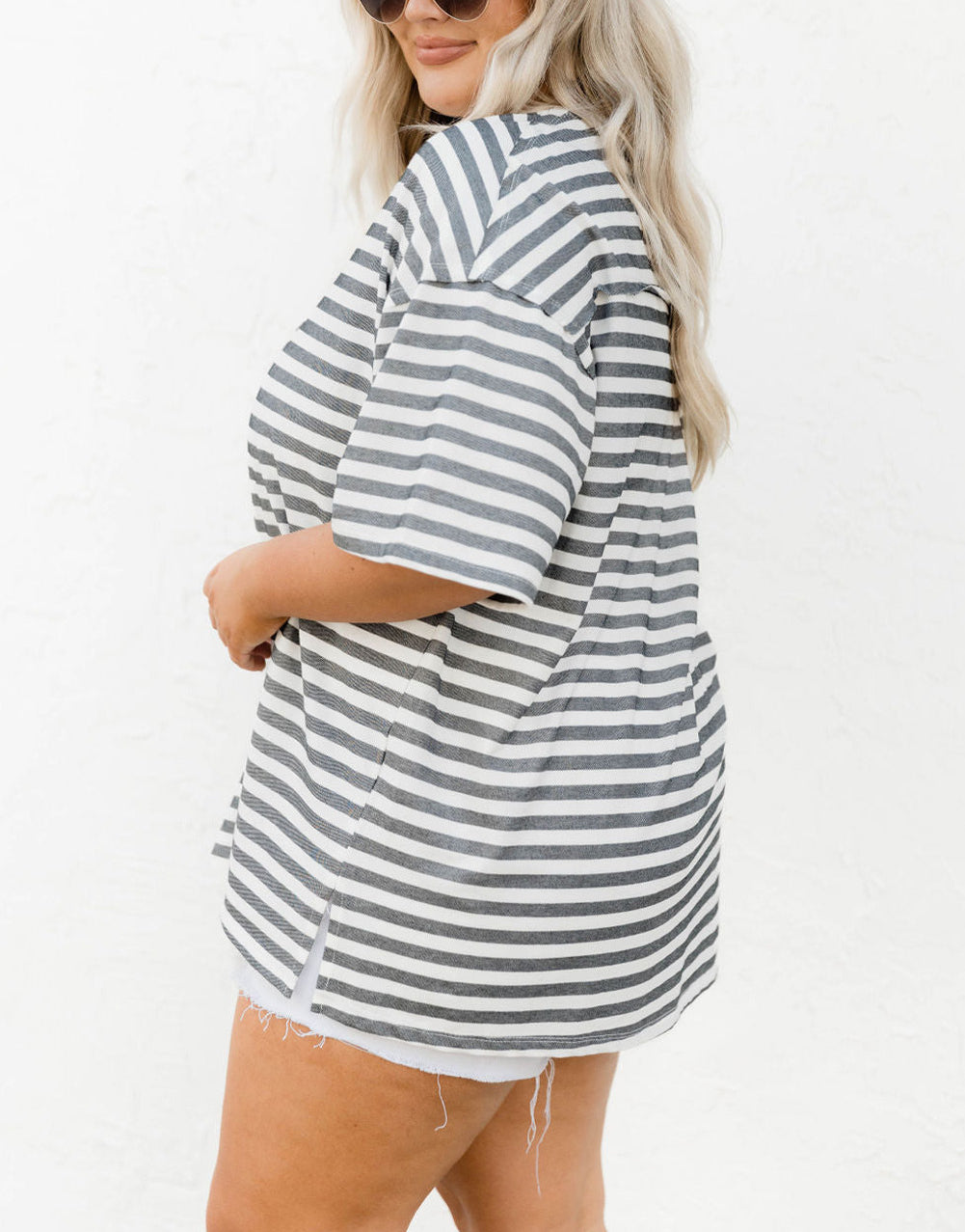 Plus Size Striped Short Sleeve Henley Tee