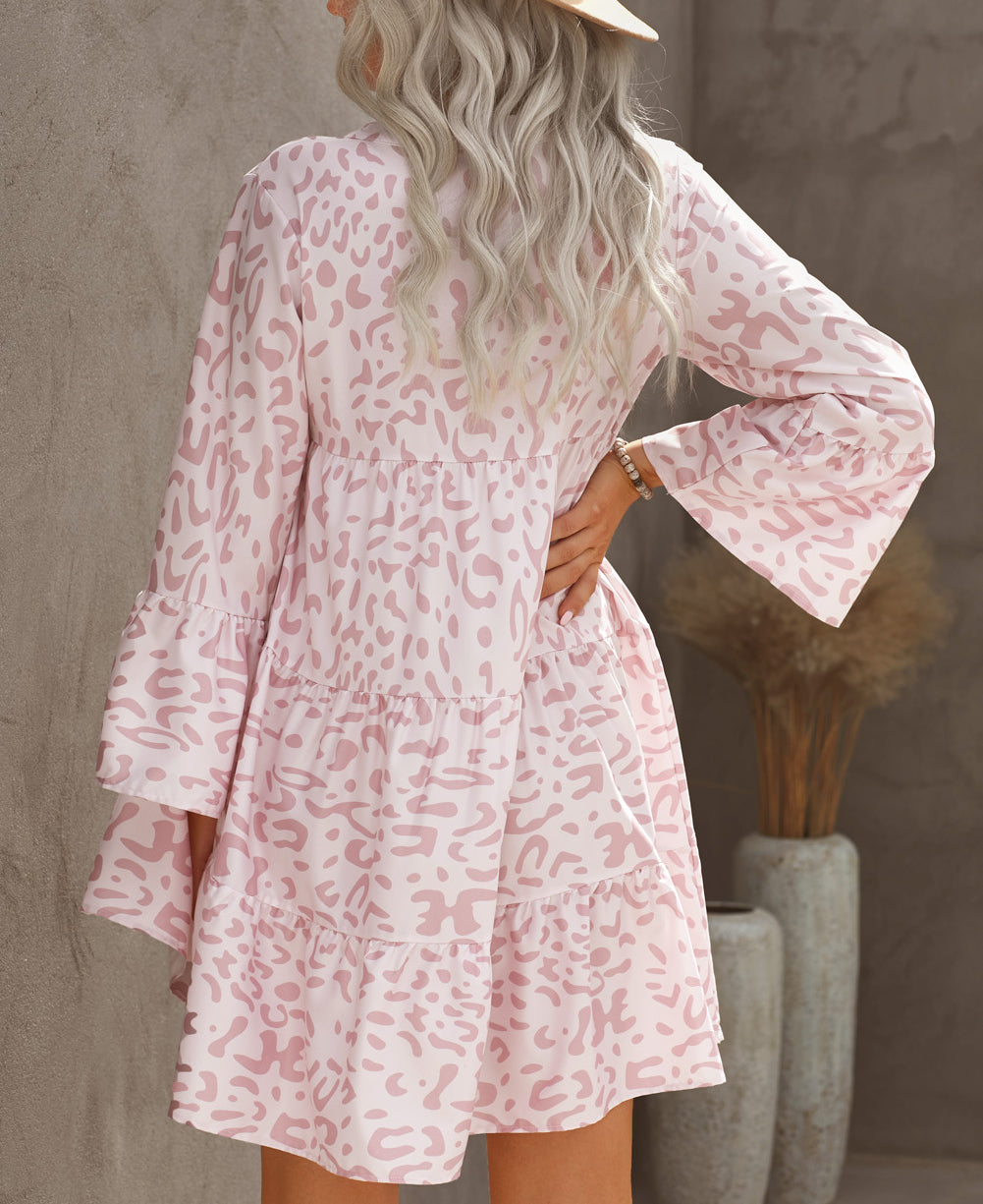 Print V neck Ruffle Swing Mini Dress