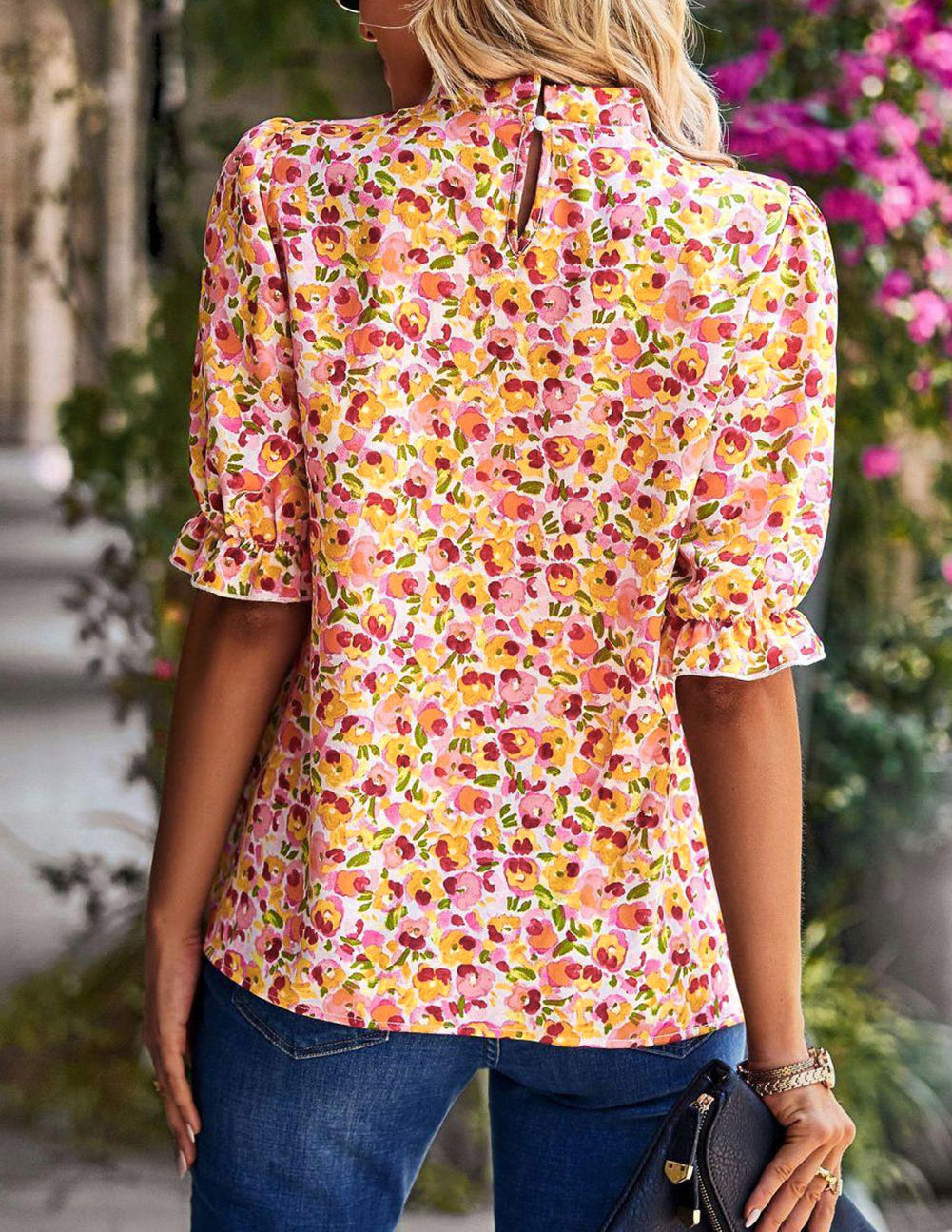 Boho Floral Ruffle Short Sleeve Frill Mock Neck Blouse
