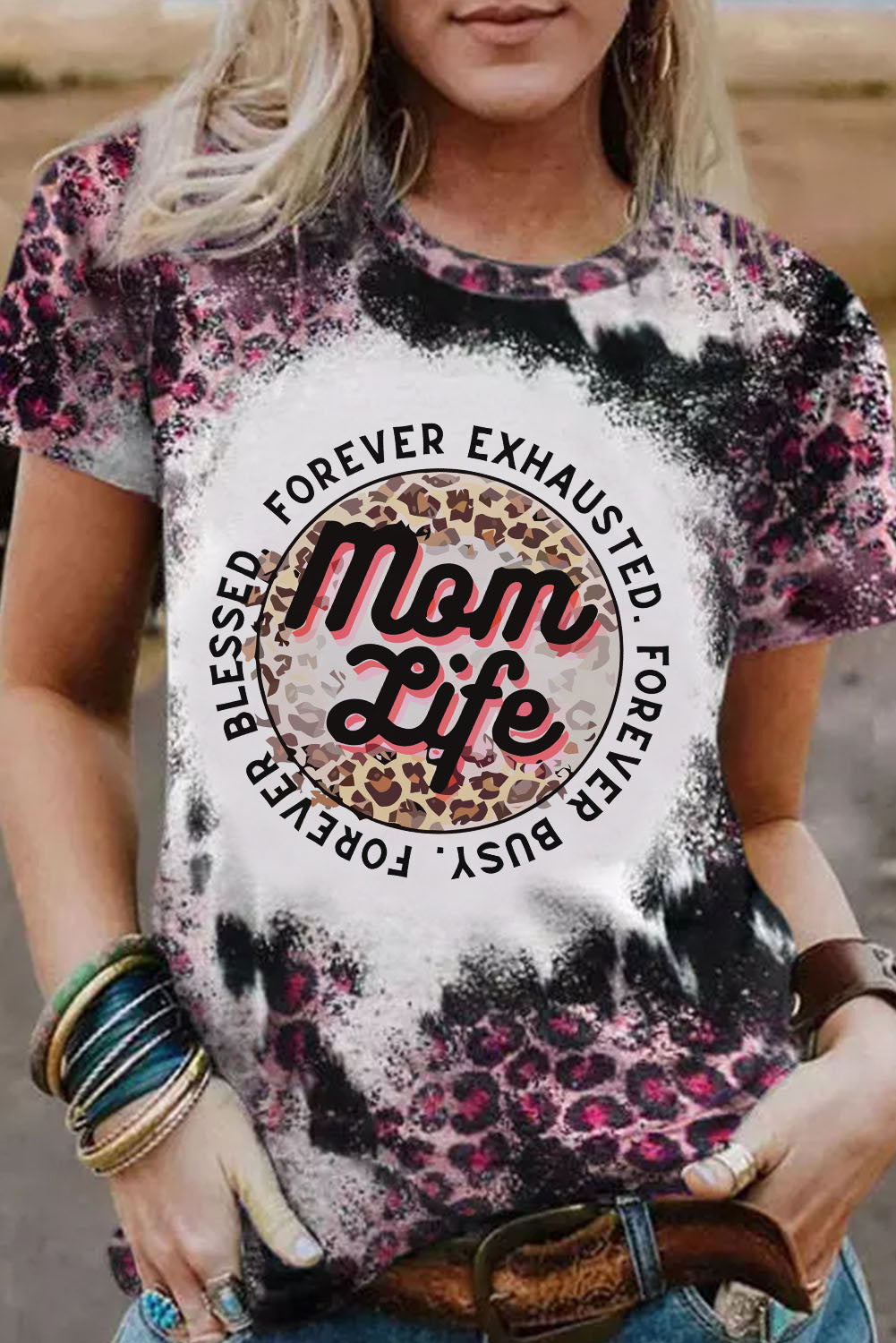 Pink Mom Life Slogan Leopard Bleached Print Graphic Tee