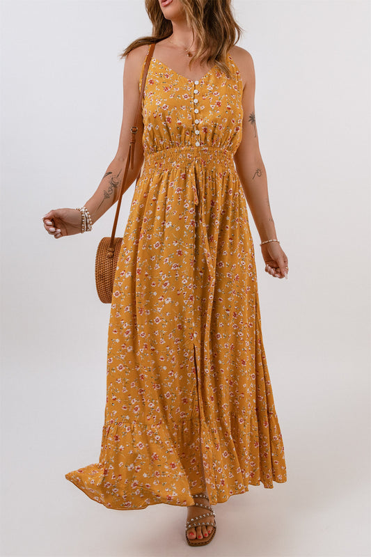 Yellow Floral Print Buttoned Drawstring Sleeveless Maxi Dress