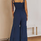 Blue Tie Straps Shirred Bodice Tiered Wide Leg Jumpsuit