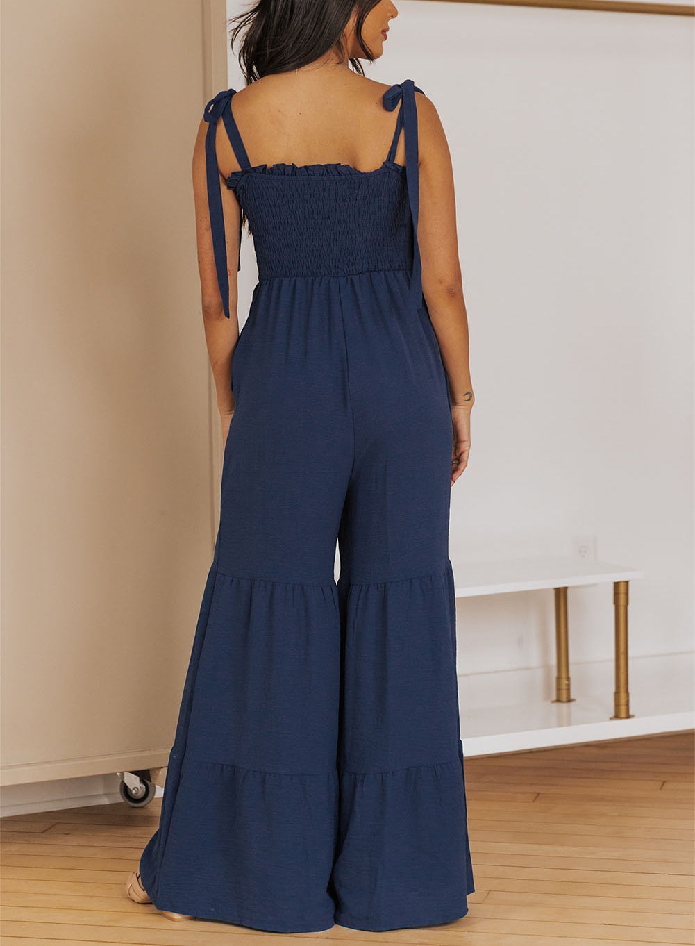 Blue Tie Straps Shirred Bodice Tiered Wide Leg Jumpsuit