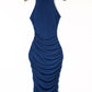 Blue Racer Back Ruched Knit Midi Dress