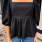 Black Textured Square Neck Puff Sleeve Peplum Blouse