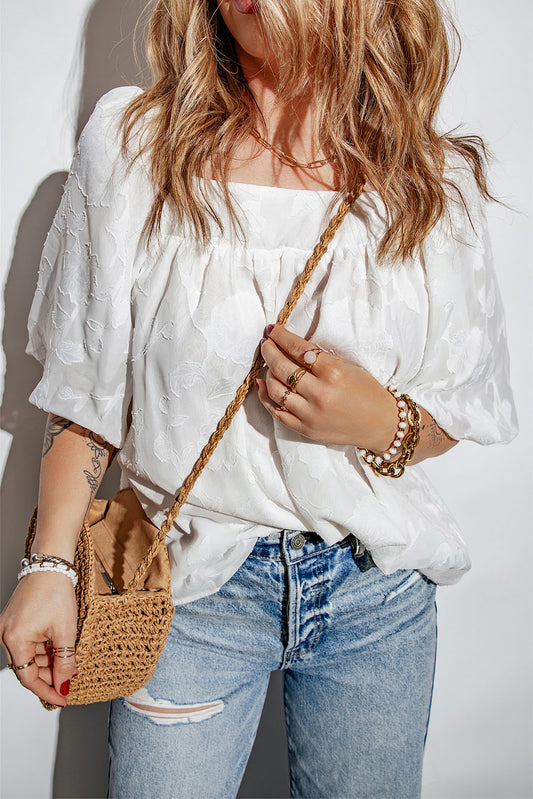 Lush Printed Balloon Sleeve Ruched Chiffon Top