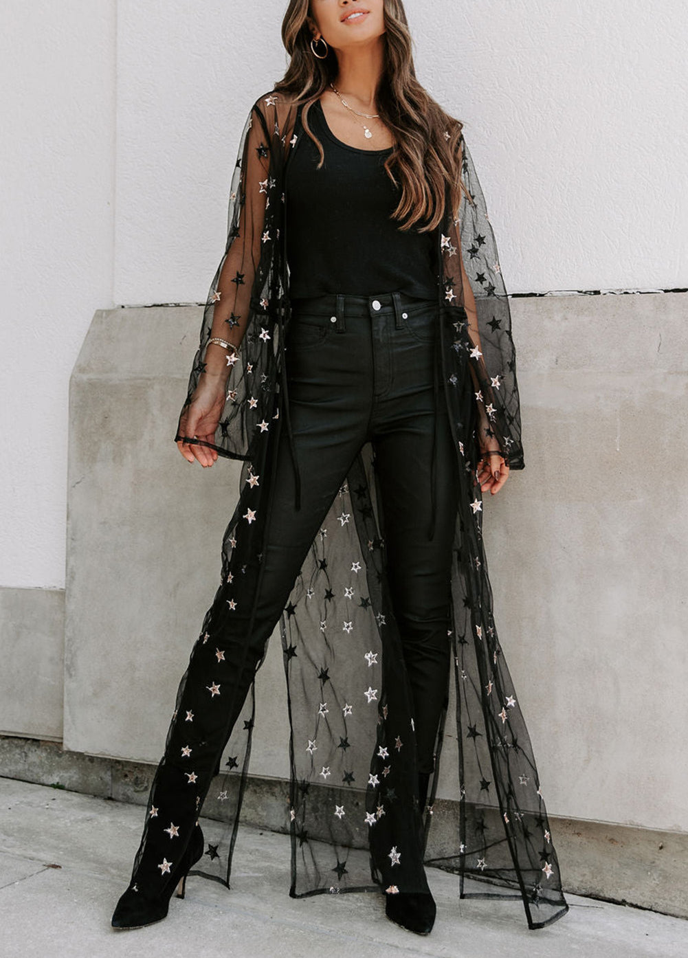 Black Starry Sheer Sequin Duster Kimono