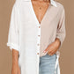 White V Neck Collared Curved Hem Contrast Colorblock Shirt