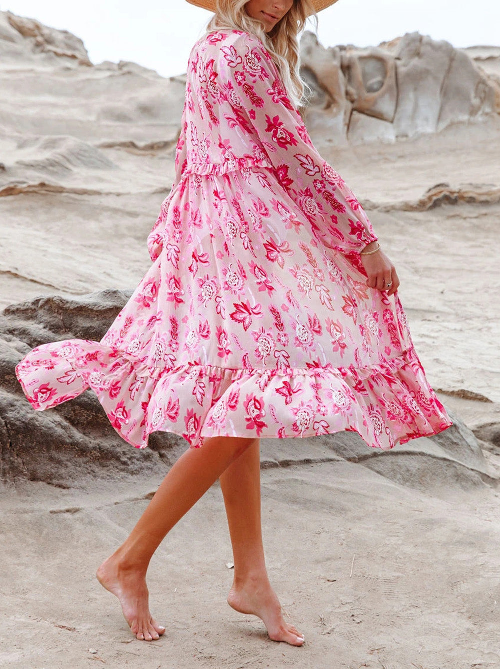 Pink Sweet Floral Print Frill Hem Puff Sleeve Cover Up