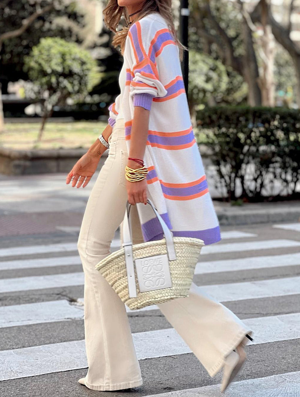 Striped Long Sleeve Ribbed Trim Button Cardigan