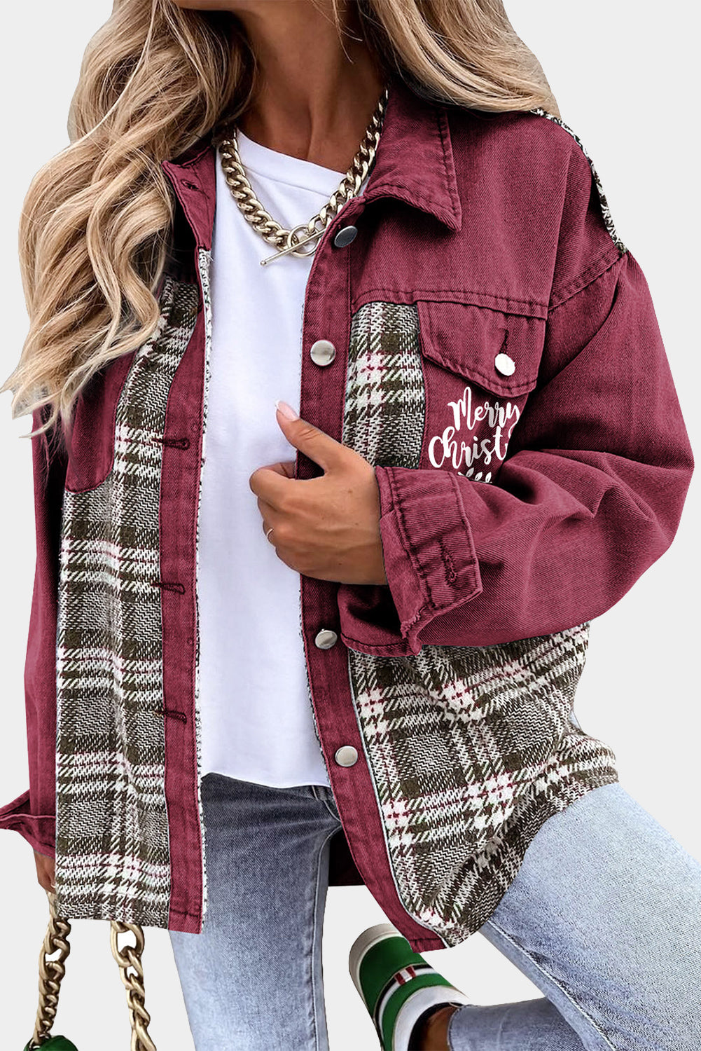 Plaid Patchwork Christmas Graphic Print Denim Jacket