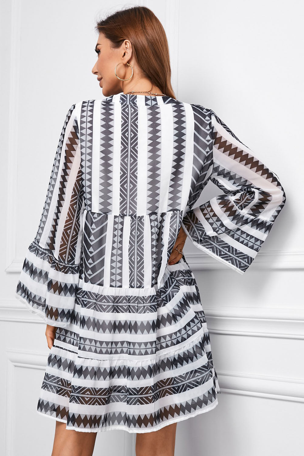 Black Geometric Print Print V neck Ruffle Swing Mini Dress