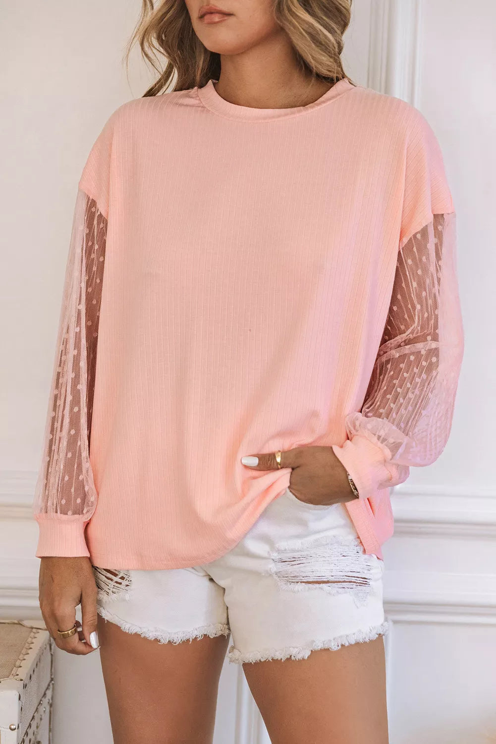 Pink Polka Dot Mesh Patchwork Long Sleeve Top