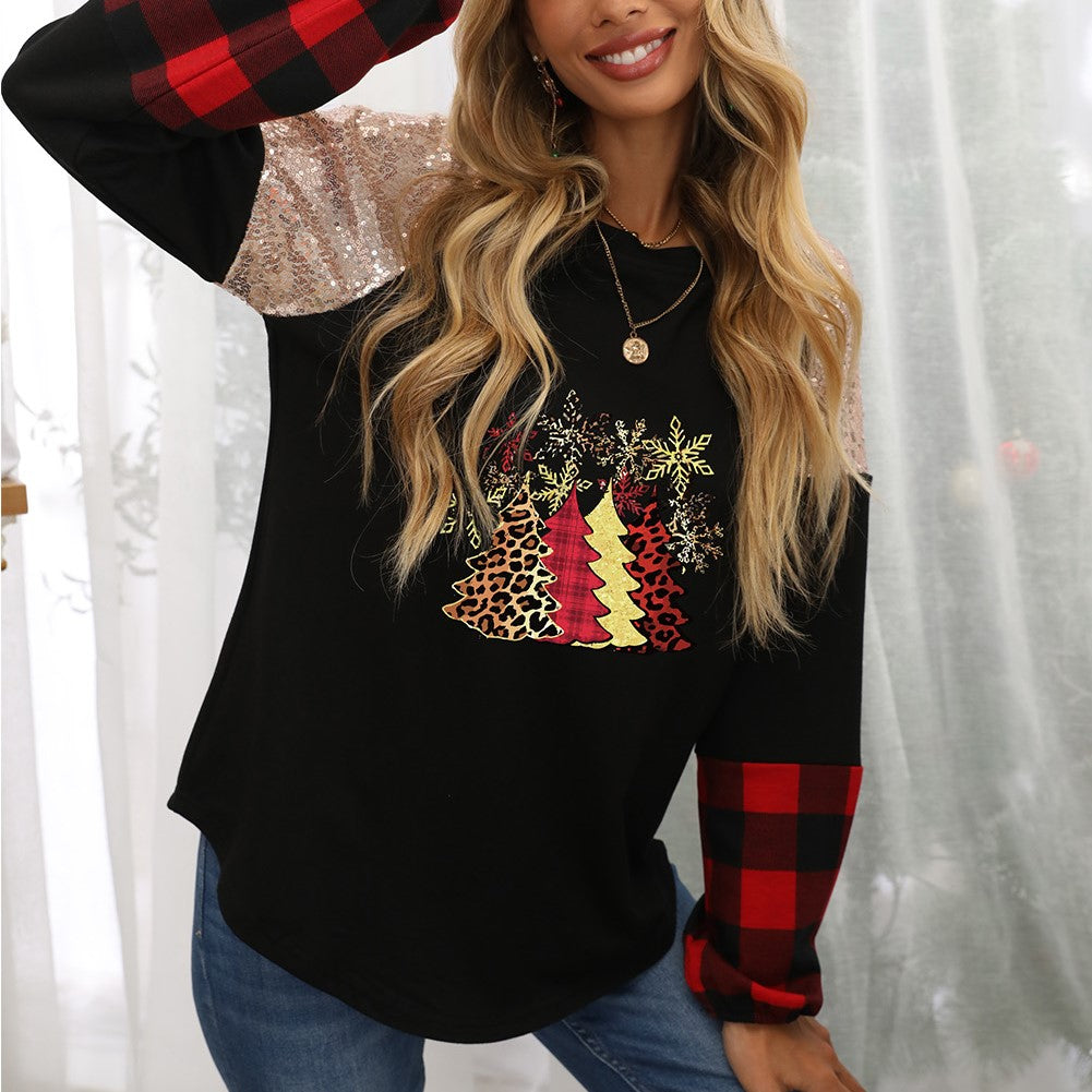 Christmas Tree Graphic Sequin Plaid Long Sleeve Top