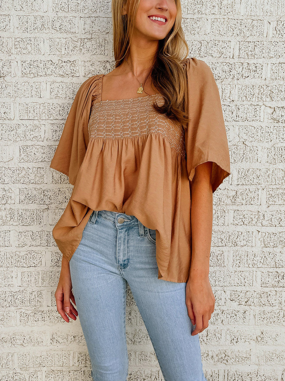 Brown Square Neck Wide Sleeves Flowy Top