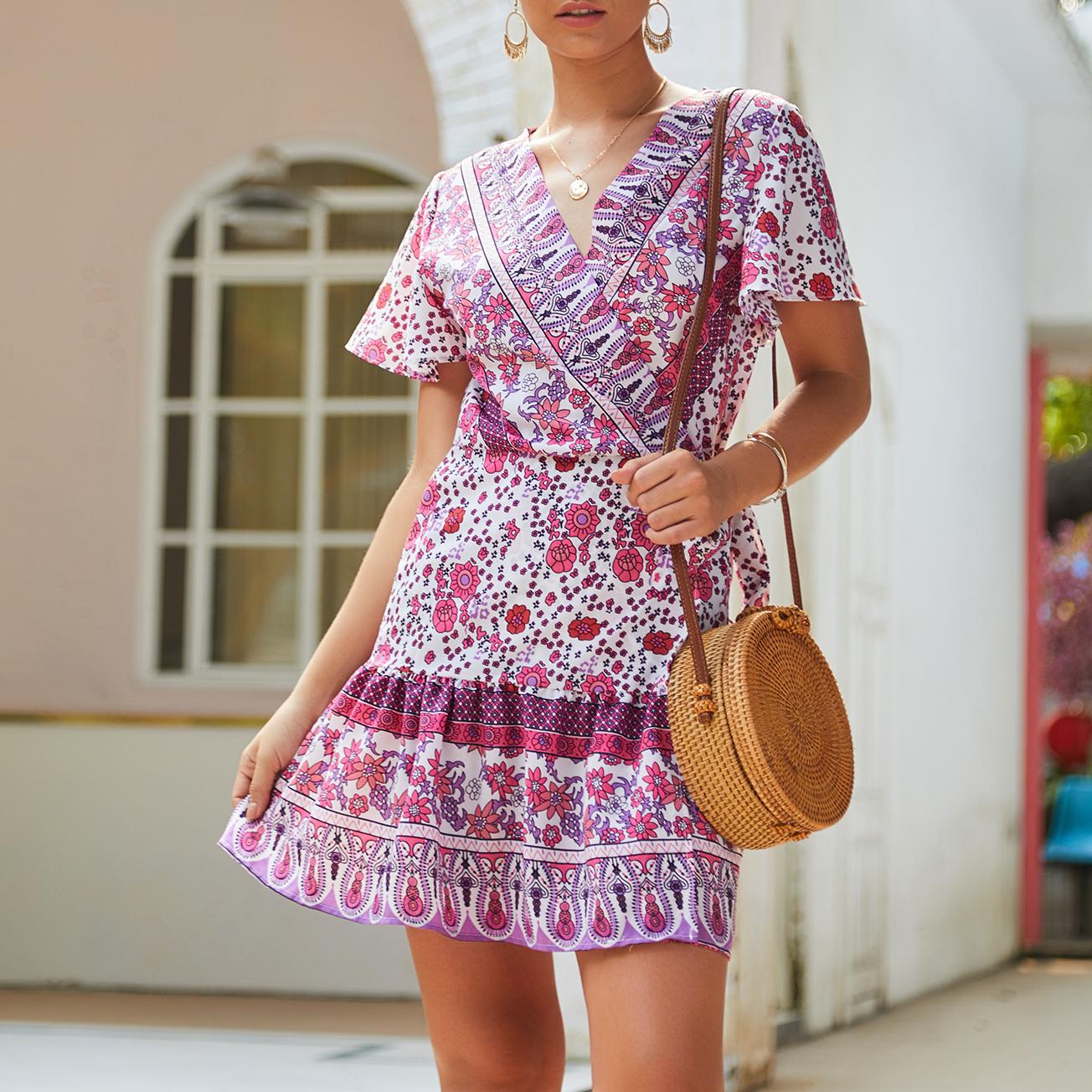 Summer V-neck sexy bohemian print dress