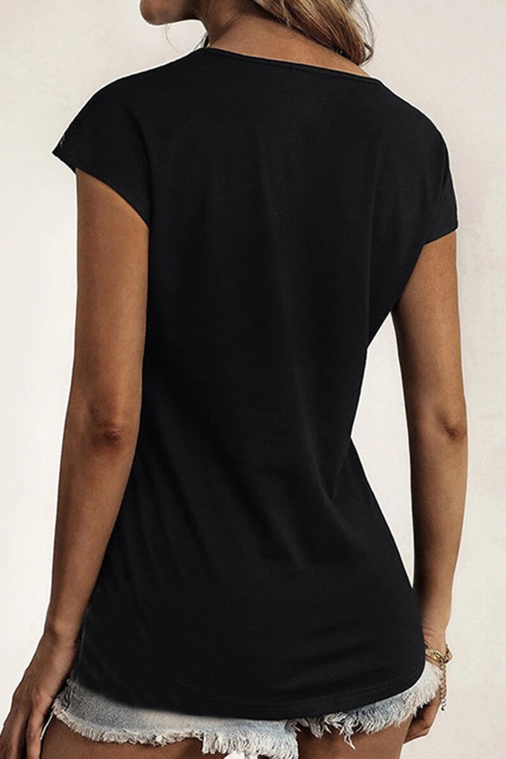 Black Zip Neck Lace Splicing Short Sleeve Tee