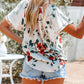 White Floral Print Buttons Tiered Ruffled Short Sleeve Shirt