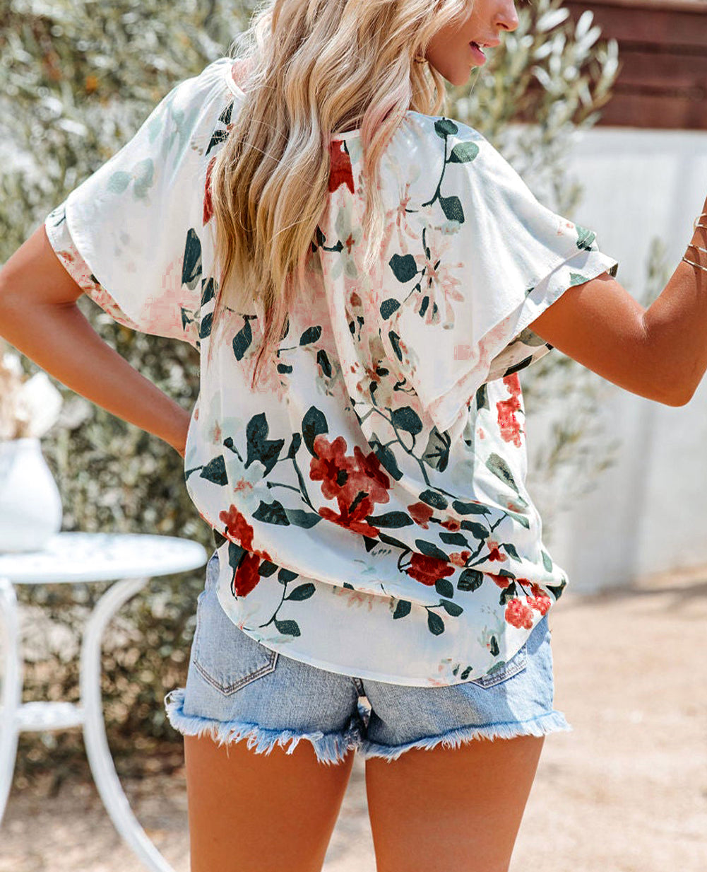 White Floral Print Buttons Tiered Ruffled Short Sleeve Shirt