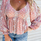 Bohemian Print Puff Sleeve Curvy Peplum Blouse