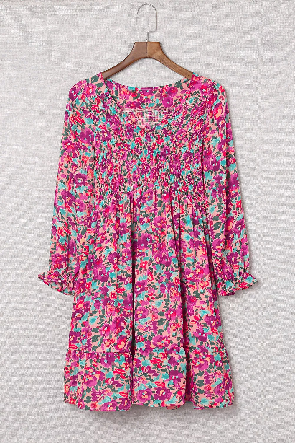 Smocked V Neck Puffy Sleeve Floral Dress