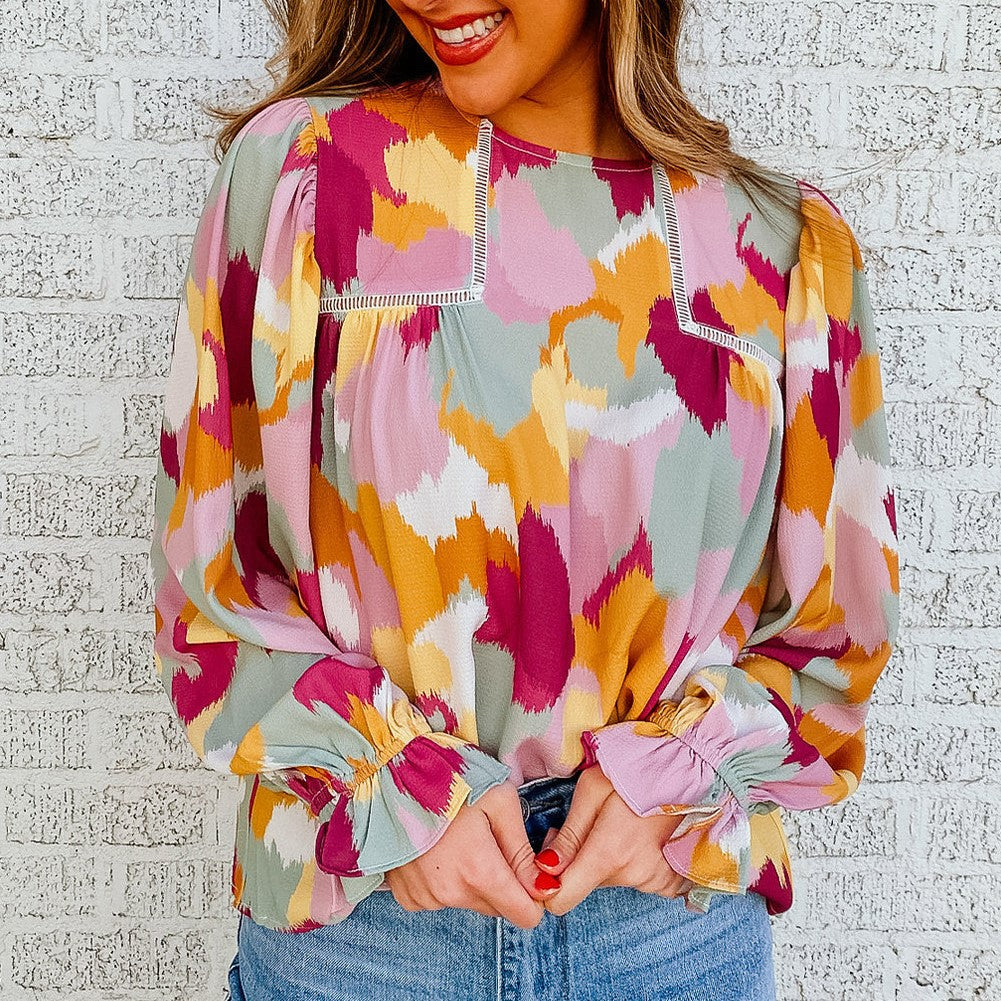 Abstract Color Block Printed Long Sleeve Blouse