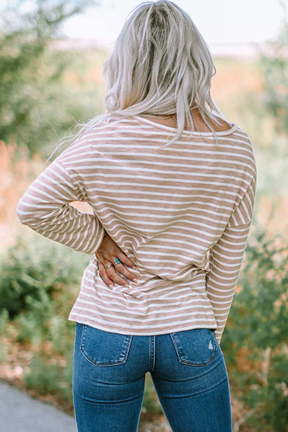 Striped Print Drop Shoulder Long Sleeve Top