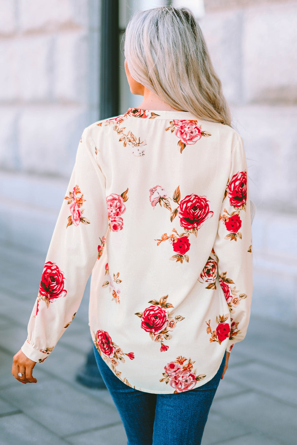Beige Floral Print V Neck Button Down Blouse
