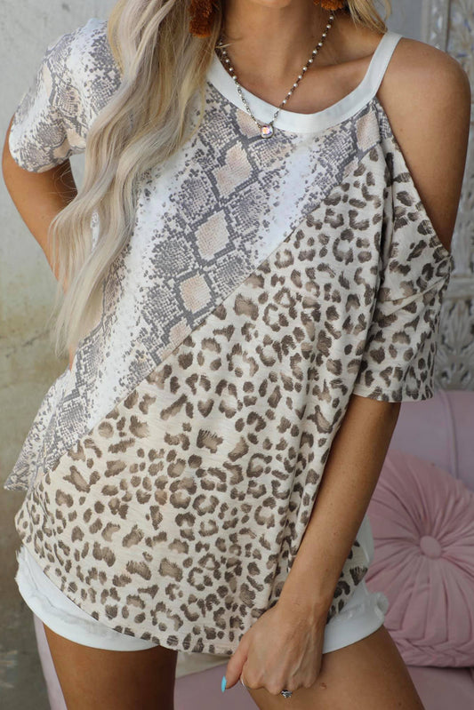 Snakeskin Leopard Color Block Cold Shoulder Short Sleeve T-shirt