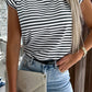 Striped Rolled Cap Sleeve Round Neck T Shirt