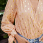 Orange Metallic Gold Polka Dot Surpliced Long Sleeves Shirts